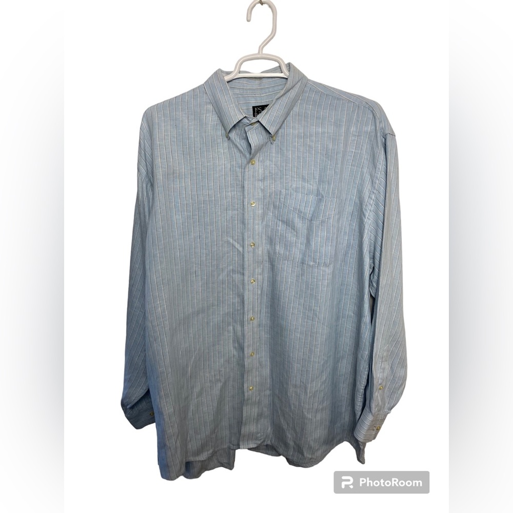 Jos. A. Bank Travelers blue striped linen long sleeve button down shirt. XXL